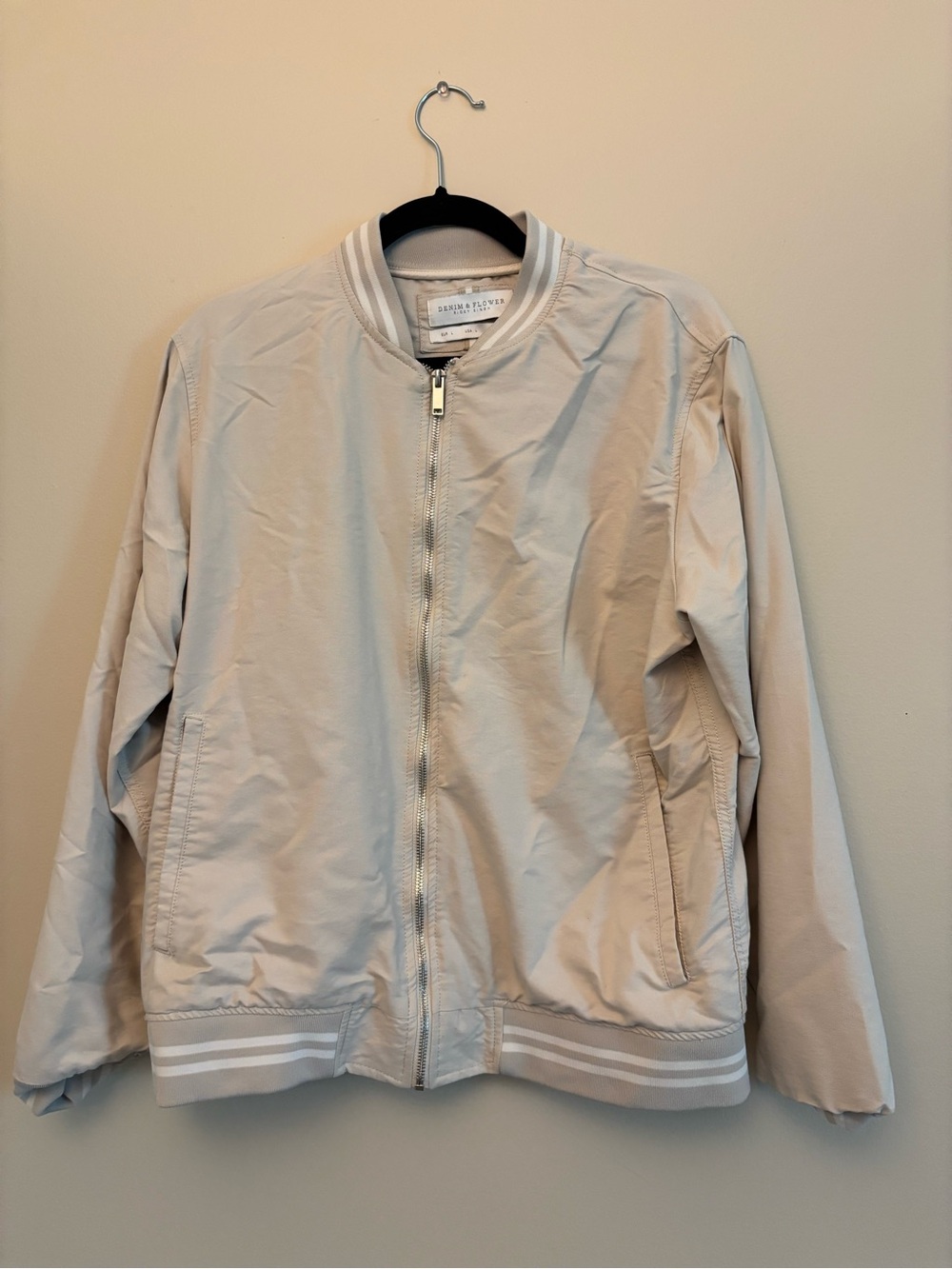 Denim & Flower Beige Bomber Jacket with White Stripe Detailing